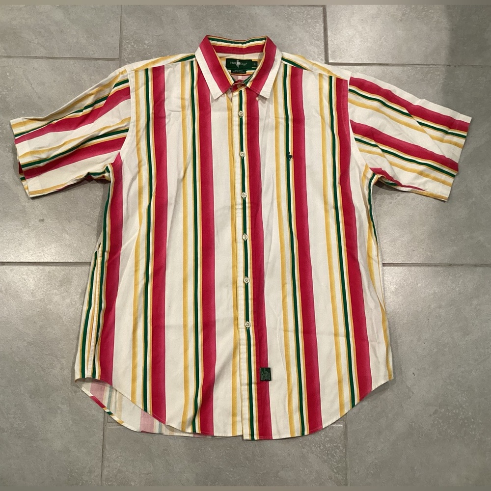 Vintage Hunt Club Shirt Mens Large Short Sleeve Vertical Stripes 90s Colorful